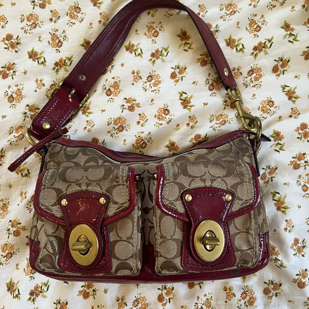 Coach Beige and Burgundy Tote Shoulder Bag